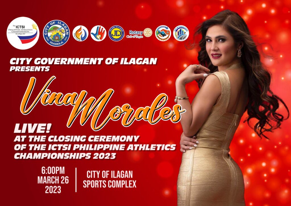 Watch Vina Morales Live during the Closing Ceremony of the Philippine Athletics Championships on Sunday, March 26, 2023, 6:00 p.m. at the City of Ilagan Sports Complex, City of Ilagan.